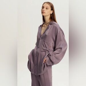 Purple Satin Button-Up Shirt Set